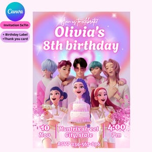 kpop Demon hunters Birthay invitation, kpop theme, demon hunter party, editable party invite, demon huntrix birthay party, saja boys invite