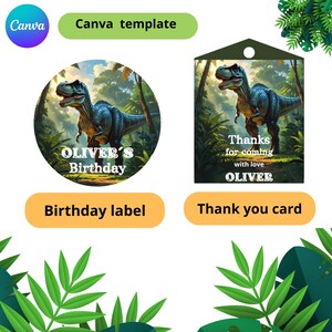 May include: A birthday label and thank you card featuring a dinosaur illustration. The round label reads "OLIVER'S Birthday" and the card says "Thanks for coming with love OLIVER". Both have a jungle background.