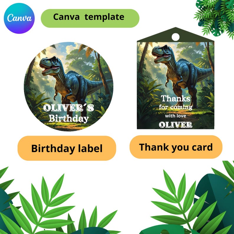 May include: A birthday label and thank you card featuring a dinosaur illustration. The round label reads "OLIVER'S Birthday" and the card says "Thanks for coming with love OLIVER". Both have a jungle background.