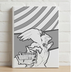 Può includere: Un raccoglitore bianco con un'illustrazione in scala di grigi di una creatura alata e il testo "Scarlet & Violet WHITE FLARE". Lo sfondo presenta strisce diagonali grigie e bianche.