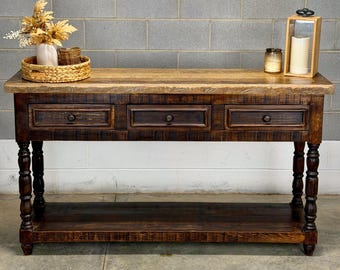 Rustic Solid Wood Sofa Table with 3 Drawers and Shelf | Dark Brown Pine Base with Reclaimed Wood Top | Casa Rustica