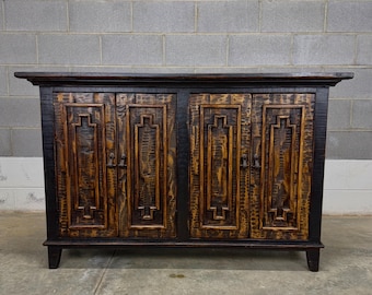 Rustic Wood Sideboard – 4 Door Storage Credenza with Carved Doors – Handmade Solid Wood Furniture