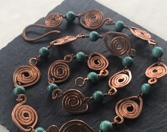 Funky Spiral Copper Turquoise Chain Necklace Set, Handmade Copper Swirl Turquoise Gemstone Necklace