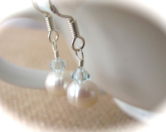 Beautiful Pearl and Light Blue Swarovski Crystal Sterling Silver Earrings
