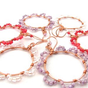 Gemstone Flower Earrings, Copper Wire Wrapped Hoop Earrings