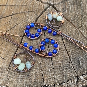 Sapphire and Aquamarine Gemstone Copper Wire Earrings, Handmade Oxidized Copper Dangle Earrings