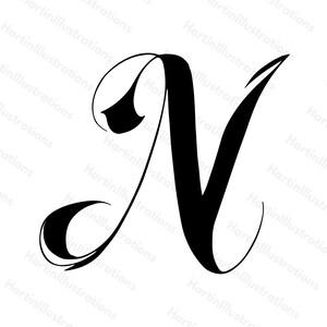Letra N (caligrafía SVG + PNG de alta calidad): diseño gráfico vectorial de descarga instantánea, letras monograma de silueta manuscritas para Cricut