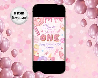May include: A pink digital invitation on a smartphone screen, featuring the text "Olivia sweet ONE" with donut-shaped letters. The design includes illustrations of sweets and ice cream cones, with the words "Instant Download!" on a button.