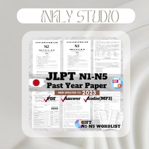 May include: A digital product image featuring JLPT N1-N5 past year papers, updated to 2023. The image includes PDF files, answers, and audio (MP3) files. The Japanese flag is visible, along with the text "INKLY STUDIO".