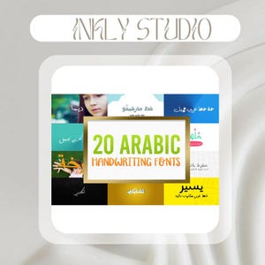 Puede incluir: Gráfico digital que presenta 20 fuentes de escritura a mano árabes. El texto central dice "20 ARABIC HANDWRITING FONTS" en verde y dorado. La imagen incluye varias muestras de fuentes y el texto "INKLY STUDIO".