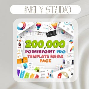 May include: A collection of PowerPoint templates with the text "200,000 POWERPOINT PRO TEMPLATE MEGA PACK" in green and red. The image includes various presentation slides with colorful charts, graphs, and illustrations, ideal for business and educational use. The logo "INKLY STUDIO" is at the top.