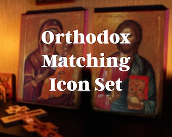 Icono montado hecho a mano / Conjunto de iconos a juego / Cristo y la Madre de Dios