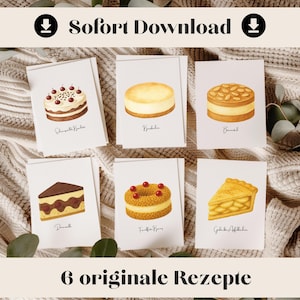 Rezeptkarten 6er Set Deutsch – Klassische Kuchen zum Ausdrucken | A5 PDF | Schwarzwälder, Frankfurter Kranz, Apfelkuchen