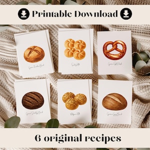Cartões de Receitas de Pão Alemão – Conjunto A5 para Imprimir (6 Cartões) | Aquarela Desenhada à Mão | Download de PDF Rústico