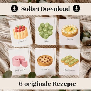 Pasteles franceses: 6 clásicos franceses en formato PDF | Tarjetas de recetas digitales para imprimir | Charlotte aux Fraises, Éclairs, Madeleines y más.