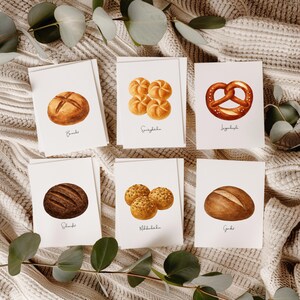 Rezeptkarten-Set: Deutsche Backklassiker – Bauernbrot, Brötchen & Brezeln | A5 Aquarell Druckkarten im Vintage-Stil | Backwaren