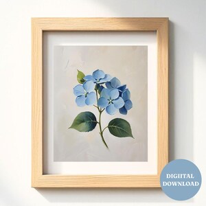 Hortensiakunstwerk, blauwe hortensia, muurkunstafdrukken hortensia, modern zuidelijk, afdrukbare bloemenkunst