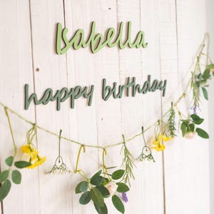Personalized Birthday Greenery Garland - Custom Name Sign with Removable Wood Letters, Nature-Inspired Party Decor - 10 Color Options