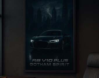 Audi R8 V10 Plus Gotham Poster | Dark Supercar Wall Art | Audi R8 Night City Artwork | Luxury Automotive Print | Car Enthusiast Decor