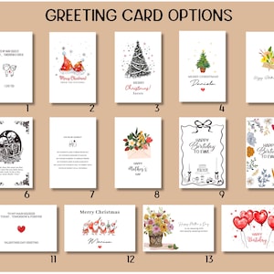 K&ouml;nnte beinhalten: Eine Sammlung von Gru&szlig;karten mit verschiedenen Designs und Botschaften. Die Karten zeigen Illustrationen von Weihnachtsb&auml;umen, Blumen und Luftballons. Einige Karten haben Texte wie "Happy Birthday" und "Merry Christmas".