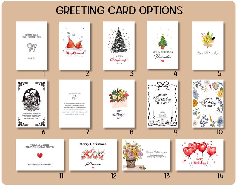 K&ouml;nnte beinhalten: Eine Sammlung von Gru&szlig;karten mit verschiedenen Designs und Botschaften. Die Karten zeigen Illustrationen von Weihnachtsb&auml;umen, Blumen und Luftballons. Einige Karten haben Texte wie "Happy Birthday" und "Merry Christmas".