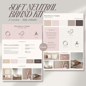 Puede incluir: Un diseño de kit de marca neutro suave con dos versiones, totalmente editable. El diseño incluye paletas de colores, ejemplos de tipografía y mood boards. El texto incluye "Business Name" y "Tagline Here".