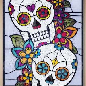 Digital Stained Glass Pattern - Dia de los Muertos Sugar Skulls & Flowers Panel | Day of the Dead Sugar Skulls • Resale Friendly