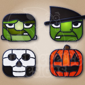 Könnte beinhalten: Vier Halloween-Filzpatches mit gestickten Details. Die Patches zeigen einen grünen Frankenstein, ein grünes Monster mit einem schwarzen Hut, einen weißen Schädel und einen orangefarbenen Kürbis.