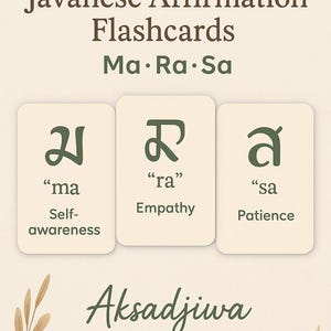 Peut inclure: Cartes de voeux imprimables d'affirmations javanaises avec les mots "Ma Ra Sa". L'image présente trois cartes avec des caractères javanais et des traductions anglaises : "ma" (Conscience de soi), "ra" (Empathie) et "sa" (Patience). Le texte "Aksadjiwa" est également présent.