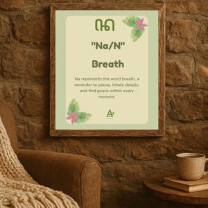 May include: A framed print with the word "Breath" in a stylized font. The print features the text "Na/N" and a symbol, along with floral accents. The print is displayed on a wall with a brown stone texture, near a brown chair and a wooden table.