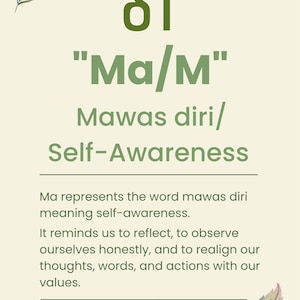 May include: A cream-coloured poster featuring a green Javanese script character, the text "Ma/M", "Mawas diri/Self-Awareness", and descriptive text explaining the concept. Two small, colourful feathers are positioned in the top-left and bottom-right corners.