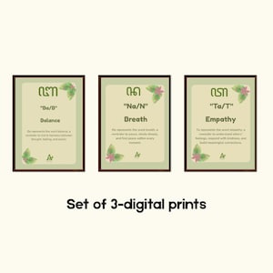 May include: Set of three digital prints with brown frames. Each print features a light green background with text and floral accents. The prints display the words "Balance", "Breath", and "Empathy".