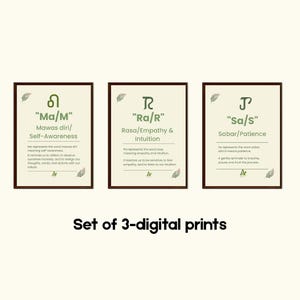 May include: Set of three digital prints in brown frames. Each print features a unique symbol and text in a dark green font on a cream background. The prints are labeled "Ma/M", "Ra/R", and "Sa/S", with descriptions of self-awareness, empathy, and patience.