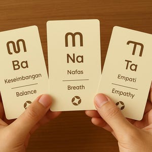 May include: Three cream-colored cards are held in front of a brown wooden background. Each card has a unique symbol and text in two languages: Indonesian and English. The cards read "Balance", "Breath", and "Empathy".