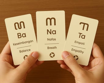 May include: Three cream-coloured cards are held in front of a brown wooden background. Each card has a unique symbol and text in two languages: Indonesian and English. The cards read "Balance", "Breath", and "Empathy".