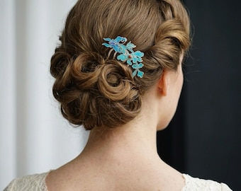 Pente de cabelo Blue Iris, grampo de cabelo floral estilo vintage com ágata vermelha, presente de cabelo para casamento.