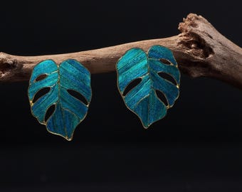 Monstera Leaf Earrings With Peacock Feather, Good Luck Charm, Unique Botanical Art Gift