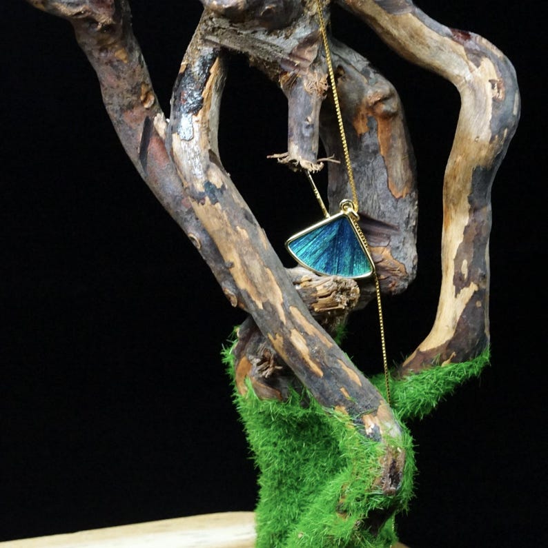 May include: A gold-colored necklace with a pendant shaped like a blue and teal wing. The pendant is suspended from a delicate chain and hangs against a backdrop of a weathered, brown branch with green moss.