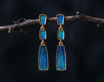 Art Deco Earrings with Peacock Feather, Long Geometric Dangle, Architectural Jewelry, Statement Gift for Her