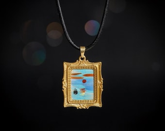 Monet Sunrise Feather Art Pendant, Mini Painting Necklace, Gold Framed Art Jewelry Gift
