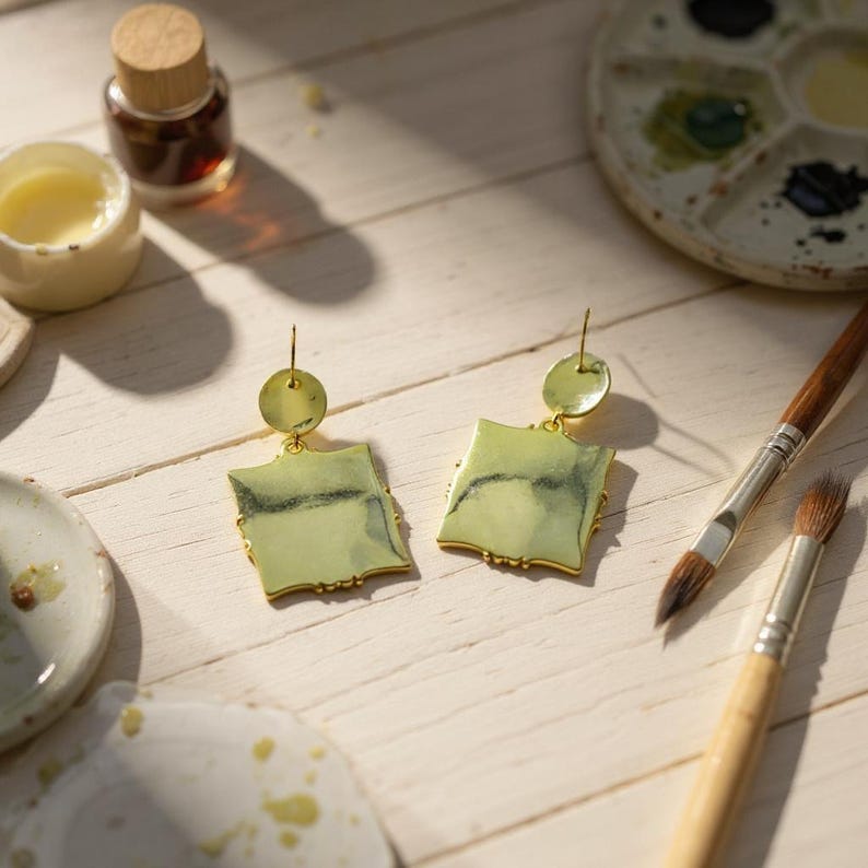 May include: A pair of dangle earrings featuring a small gold circular stud connected to a larger square pendant. The square pendants have a pale green marbled surface with dark veining and are framed by a thin gold border with a scalloped edge.
