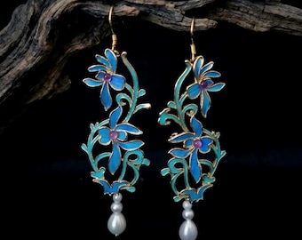 Blue Feather Earrings, Iris Flower Dangle, Amethyst and Pearl Jewelry, Unique Gift for Her, Something Blue for Bride, Nature Inspired Art