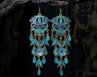 Floral Chandelier Earrings, Blue Feather Dangles, Red Agate Statement Jewelry, Long Tassel Gift for Her, Nature Inspired Art