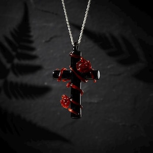 Vampire Goth Cross Necklace, Bleeding Rose Thorn Pendant, Lampwork Glass Black Red Jewelry, Dark Romantic Whimsigoth Gift