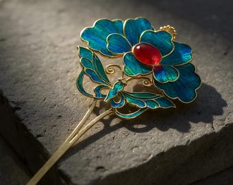 清朝時代のカワセミの羽根のヘアピン、中国のアンティークヴィンテージ