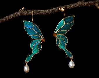 Butterfly Earrings, Gold Art Nouveau Dangle with Peacock Feather, Unique Gift for Her