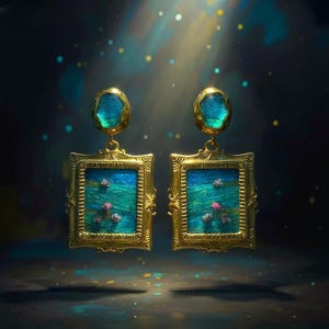 May include: A pair of gold-toned earrings featuring a rectangular frame design. Each earring has a small, rounded blue stone at the top and a larger rectangular pendant below, containing a textured blue and green surface with small pink accents.