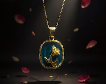 Rose Pendant Necklace With Peacock Feather, Elegant Gold Plated Silver, Vintage Romantic Floral Jewelry, Unique Gift for Her