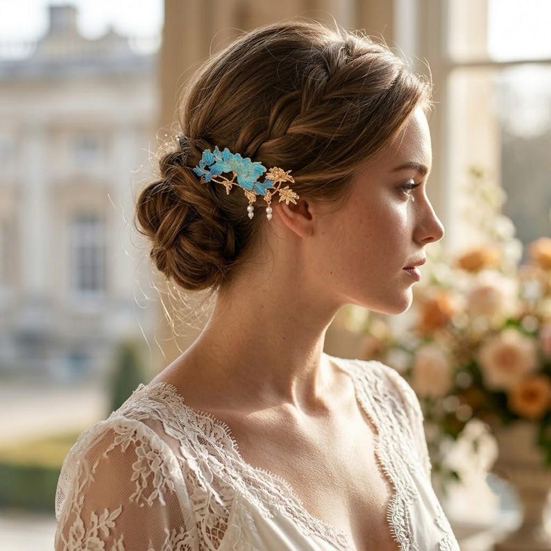 Pode incluir: Um pente de cabelo com detalhes florais em azul brilhante, ramos de metal dourado e pequenas p&eacute;rolas brancas pendentes. O acess&oacute;rio decorativo est&aacute; preso num penteado apanhado com tran&ccedil;as, exibindo um trabalho artesanal e detalhes florais.