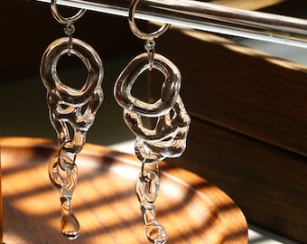 Clear Glass Chain Earrings, Handmade Lampwork Dangle, Sterling Silver Hooks, Modern Minimalist Jewelry, Unique Gift for Her